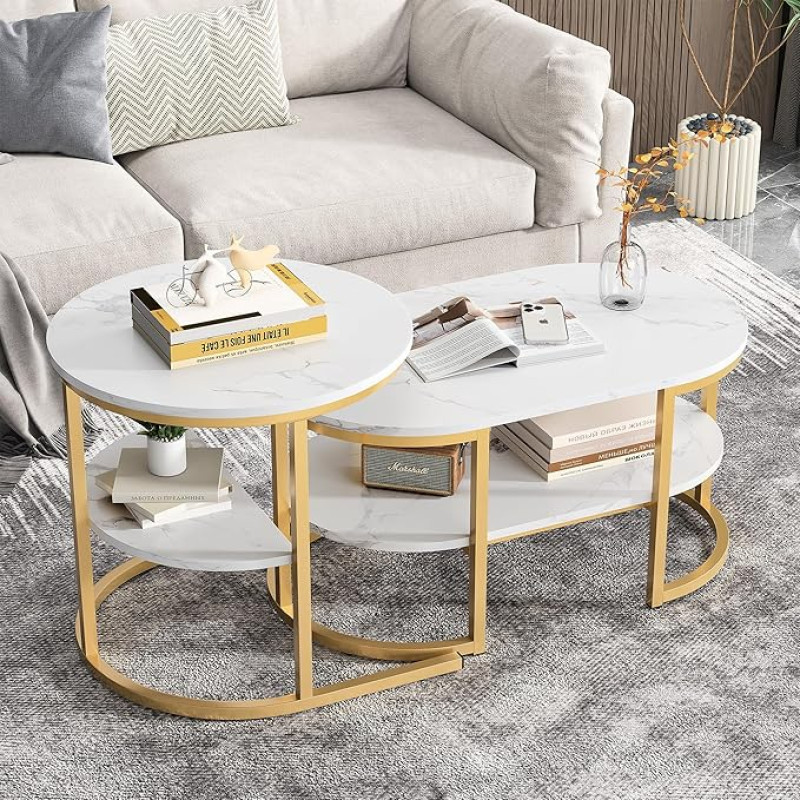 BHFFTHK Coffee Table Set of 2, 2-in-1 Living Room Table with Storage Space, Modern Sofa Table Coffee Table Round and Oval in Marble Look, Metal Frame Side Table Set