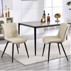 BERYTH Dining Room Chairs Set of 2 Kitchen Chairs with High Backrest Upholstered Chairs with 5 cm Seat Cushion PU Leather Dining Chair Modern Armchairs and Metal Legs Beige