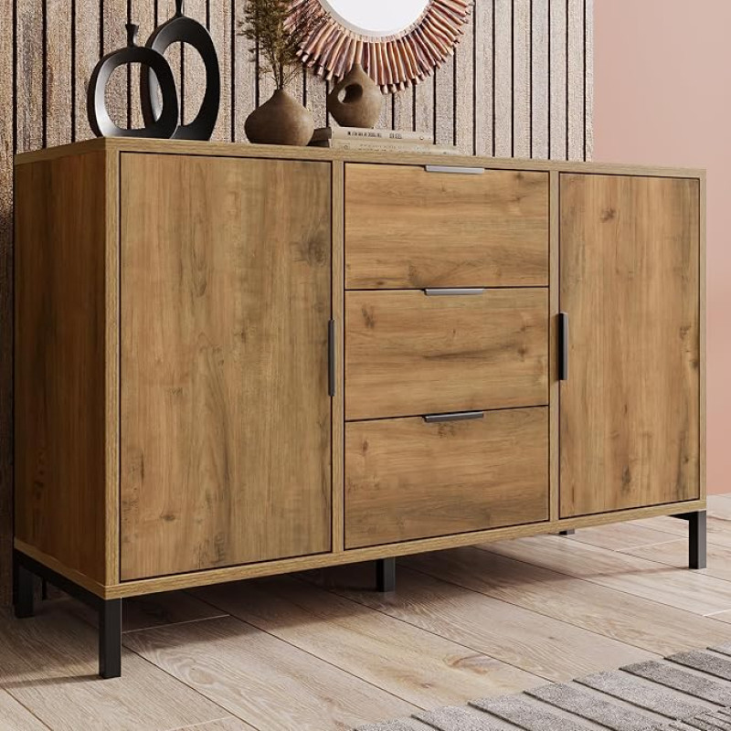 BTM Chest of Drawers with 2 Doors and 3 Drawers, 120 x 40 x 76 cm in Dark Oak, Adjustable Shelf, Sideboard Highboard for Bedroom and All Living Rooms
