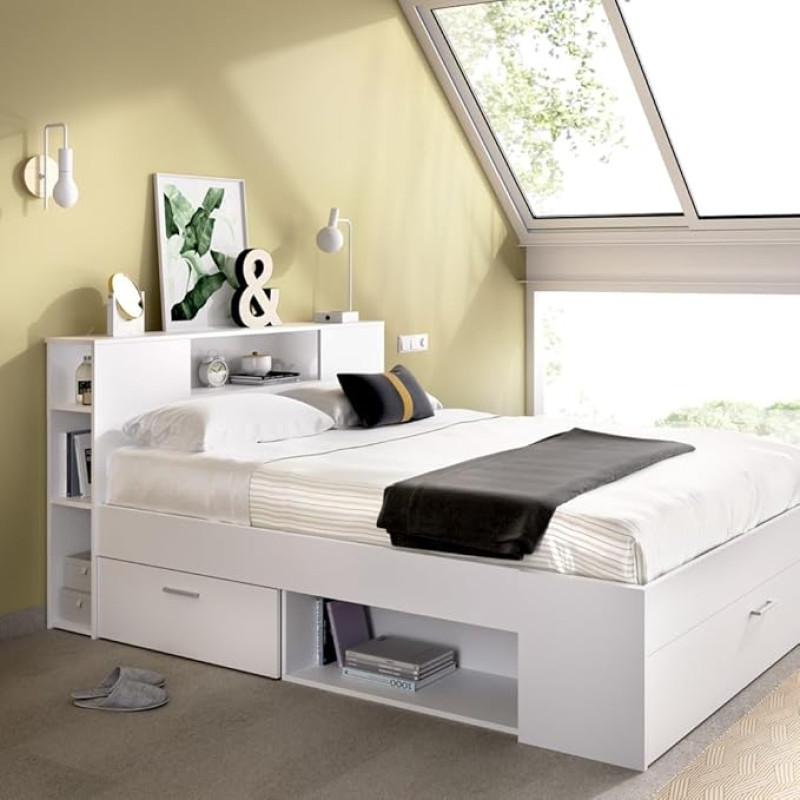 Vente-unique bed with storage space and drawers, 140 x 190 cm, white, Leandre