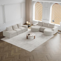 Arhatreya 6-Seater Sofa, Guest Sofa, Modern Couch, 6-Seat Sofa with Deck Chair, Modular Combination Sofa, Upholstered Sofa for Living Room, Apartment, Chenille, No Assembly, Beige