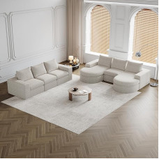 Arhatreya 6-Seater Sofa, Guest Sofa, Modern Couch, 6-Seat Sofa with Deck Chair, Modular Combination Sofa, Upholstered Sofa for Living Room, Apartment, Chenille, No Assembly, Beige