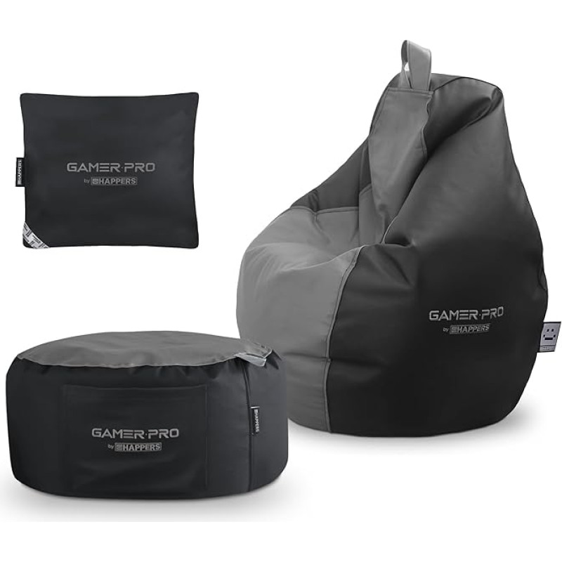 Happers Gaming Set Grey Gaming Bean Bag Pro + Stool + Cushion
