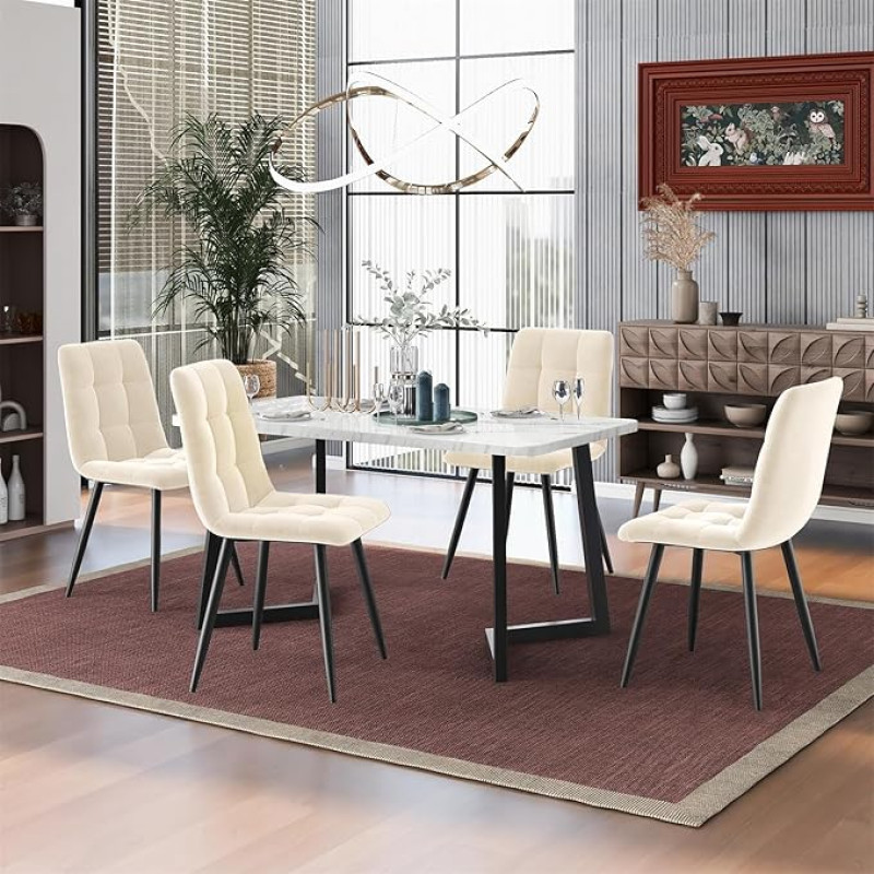 VRYGLEN Dining Table with 4 Chairs Set, Rectangular Dining Table with Black Table Legs, Kitchen Table Set, Dining Room Chair, Dark Grey Velvet Kitchen Chair (Beige)