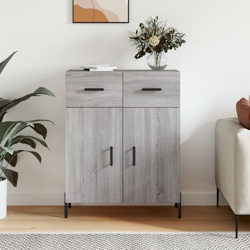 Tino Tech Sideboard Made of Wood 69.5 x 34 x 90 cm Grey Sonoma Living Room Cabinet Wood Multi-Purpose Cabinet Side Cabinet Small Dining Room Cabinet Kitchen Cabinet Storage Cabinet Modern Design