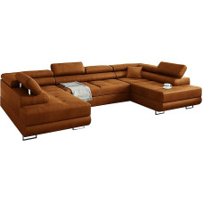 Miami U Corner Sofa with Sleep Function, Corner Couch with Bed Box, U-Shape Couch, Living Room Sofa, Corner Sofa with Bed Box, Sofa Set with Sleep Function, 338 x 203 cm (High-Quality Fabric) (Gold)