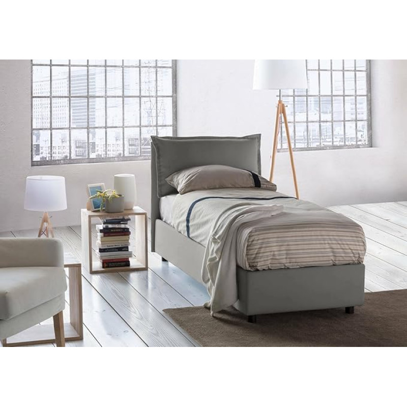 Talamo Italia Veronica Single Bed with Container, Made in Italy, Headboard and Fabric Cover, Front Opening, Includes Mattress 80 x 190 cm, Grey