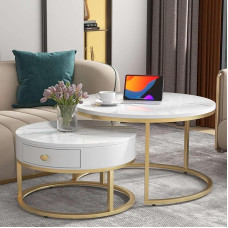 KOMHTOM Round Set of 2 White Coffee Tables, Side Table, Living Room Table with Storage Space, Coffee Table for Living Room, Bedroom, Balcony (B)