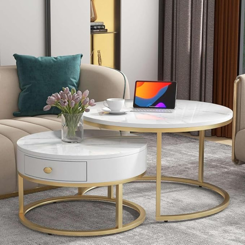 KOMHTOM Round Set of 2 White Coffee Tables, Side Table, Living Room Table with Storage Space, Coffee Table for Living Room, Bedroom, Balcony (B)