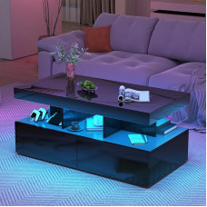 JiaOyu Coffee Table with LED Lighting, High Gloss Living Room Table with 2 Drawers and Open Compartment, Side Table, Coffee Table, Sofa Table for Living Room, Office, 104 x 53 x 46 cm (Black)