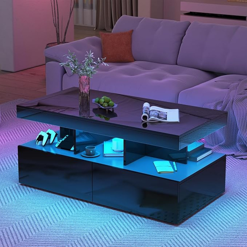 JiaOyu Coffee Table with LED Lighting, High Gloss Living Room Table with 2 Drawers and Open Compartment, Side Table, Coffee Table, Sofa Table for Living Room, Office, 104 x 53 x 46 cm (Black)