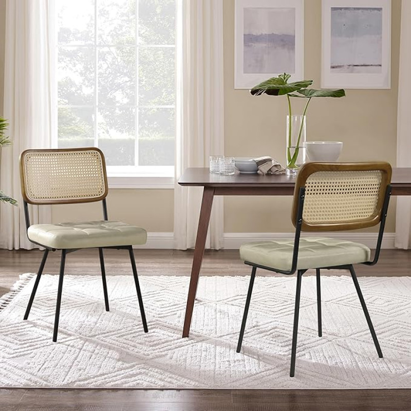 Zouron Rattan Dining Chairs Set of 2 Mid Century Modern Dining Chairs with Backrests Faux Leather Padded Armless Rattan Kitchen Chair with Black Powder Coated CC061