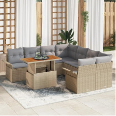 Rantry 9-teiliges Garten-Sofa-Set mit Kissen Beige Poly Rattan Akazie Gartenlounge Model3349314
