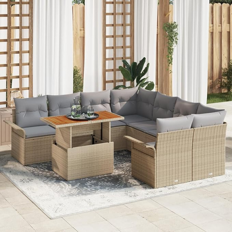 Rantry 9-teiliges Garten-Sofa-Set mit Kissen Beige Poly Rattan Akazie Gartenlounge Model3349314