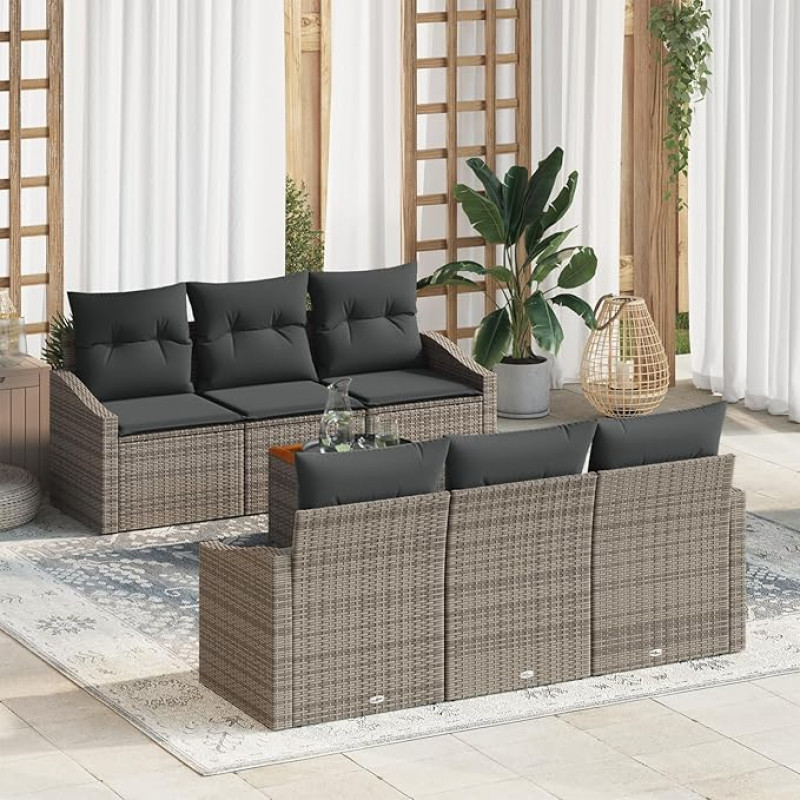 Rantry 7-teiliges Garten-Sofa-Set mit Kissen Grau Poly Rattan Akazie Gartenlounge Model3356445
