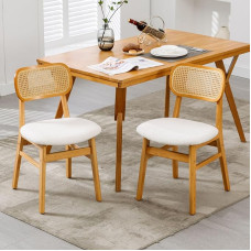 Ya-Home Dining Room Chairs Set of 2 Faux Fur Kitchen Chairs with Backrest Accent Chairs Rattan Upholstered Chair with Solid Wood Legs for Dining Room/Living Room/Kitchen, Beige