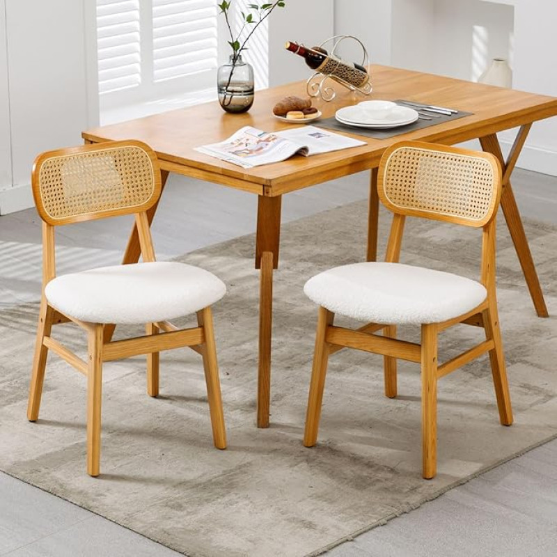 Ya-Home Dining Room Chairs Set of 2 Faux Fur Kitchen Chairs with Backrest Accent Chairs Rattan Upholstered Chair with Solid Wood Legs for Dining Room/Living Room/Kitchen, Beige