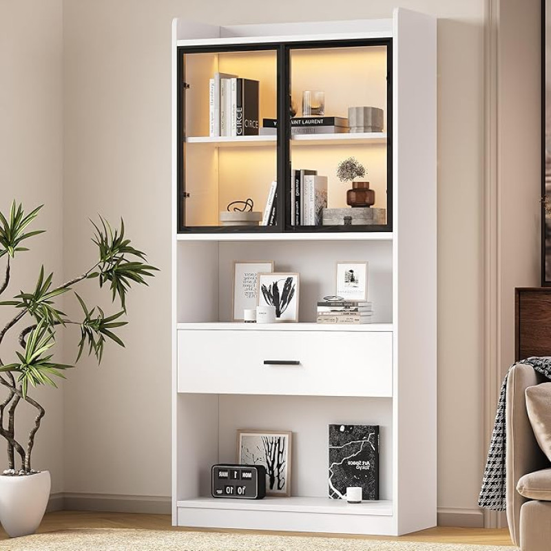 Merax Display Cabinet with Glass Doors & Lighting, Glass Display Cabinet Standing with Drawers, Pop-up Design, Collectibles Cabinet Display Shelf, Bookcase for Living Room, Bedroom, Entrance, Office