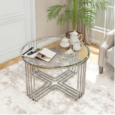 Esucllc Round Coffee Table, Glass Coffee Tables for Small Space, Modern Center Table for Living Room, Sofa Side Table with Metal Steel Frame, Round Coffee Table for Home, Office, Apartment, Silver