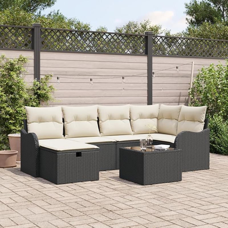 Rantry 7-teiliges Garten Sofa Set mit Kissen aus schwarzem Poly-Rattan, 2-Sitzer Garten Sofa mit Kissen aus schwarzem Poly-Rattan Gartenlounge Model3358986