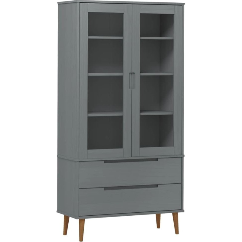 vidaXL Display Cabinet with 2 Drawers 4 Compartments Bookcase with UV Lacquer Bookcase Cabinet Office Cabinet Grey Solid Pine Wood