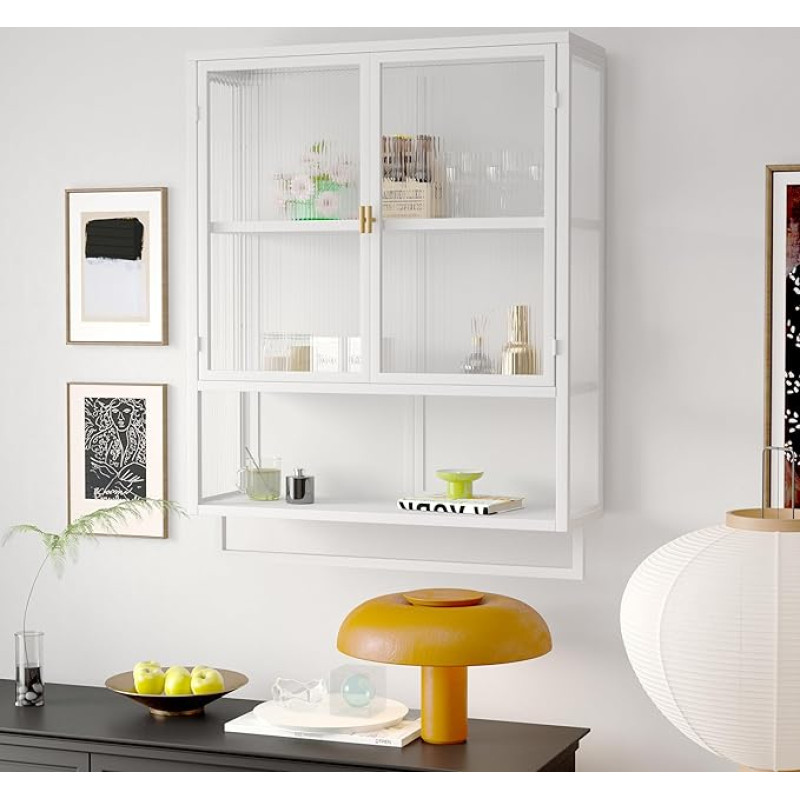 Retro Wave Glass Door Wall Cabinet with Removable Shelves, Suitable for Offices, Dining Rooms, Living Rooms, Kitchens and Bathrooms (A4 White)