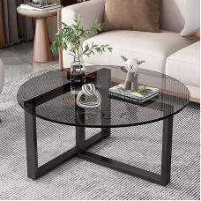 Creative Round Glass Coffee Table with Metal Frame, Round Living Room Table with Tempered Glass Top, with Storage Space, Floor Tea Table, Black Base, Cocktail Side Table (Black, 70 cm / 27.5 inches)