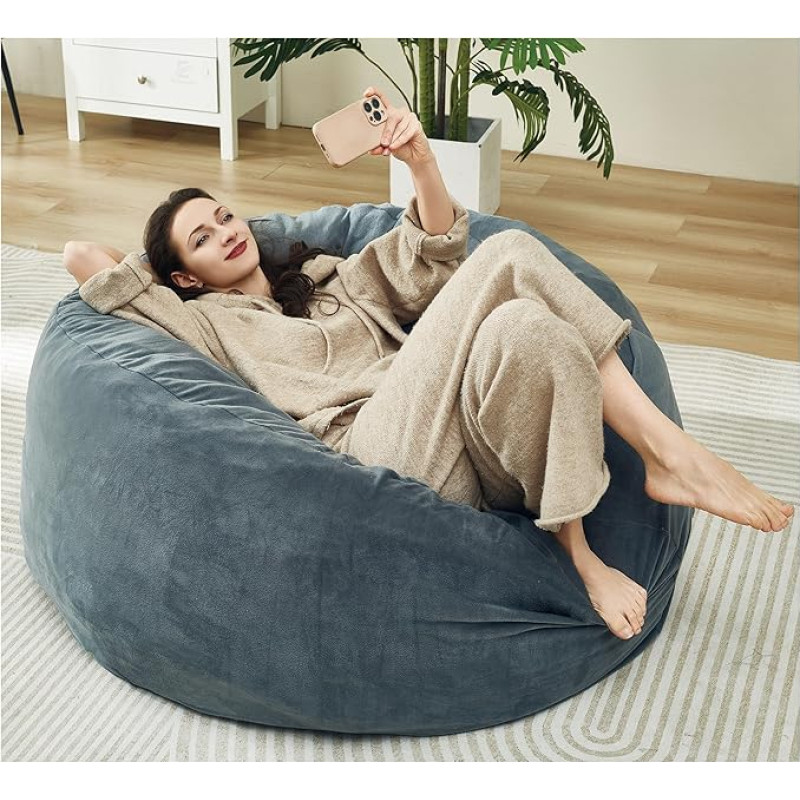 Sitzsack aus Memory-Schaum für Erwachsene und Kinder, inklusive Füllstoff, ultraweiches, graues Chenille, für Wohnzimmer, bequeme Umwicklung (Samt, 1,2 m)