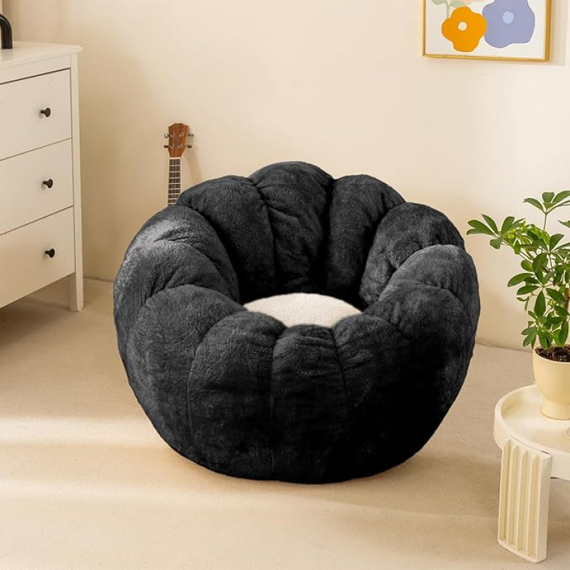 IEVENW Pumpkin Bean Bag Sofa Chair, Bean Bag Chair with Filler for Teens, Kids, Toddlers, Comfortable and Lazy Sofa for Dormitory, Apartment, Living Room and Bedroom, Black