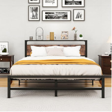 HOMERECOMMEND King Bed Frame with Wooden Storage Headboard No Box Spring Required Steel Slatted Mattress Base Square Tube Design Noiseless Black King