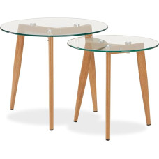 Homestyle4u 1822 Glass Coffee Table Side Table Glass Round Wood Set of 2 Large Diameter 50 Small Diameter 40 cm