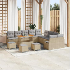 Rantry 14-teiliges Gartensofa-Set mit Kissen Beige Poly-Rattan Akazie Gartenlounge Model3364542