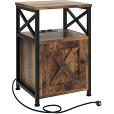 YITAHOME Side Table, Bedside Table with Cabinet, X-shaped Coffee Table with Charging Station, 2 USB Ports and Sockets, Bedside Table for Living Room, Bedroom, Metal Frame, Vintage Brown