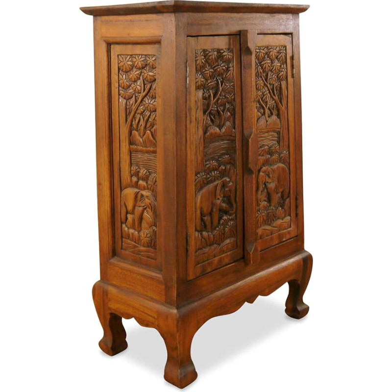 Asia Wohnstudio Sideboard Solid Wood with Carved Elephant Designs Asian Colonial Style Handcrafted 82 x 50 x 28cm Brauntöne
