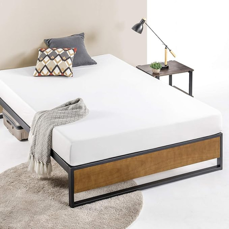 Zinus Suzanne Bed 160 x 190 cm - Bed Frame Height 18 cm - Metal and Wood Platform Bed with Wooden Slatted Frame - Brown and Black