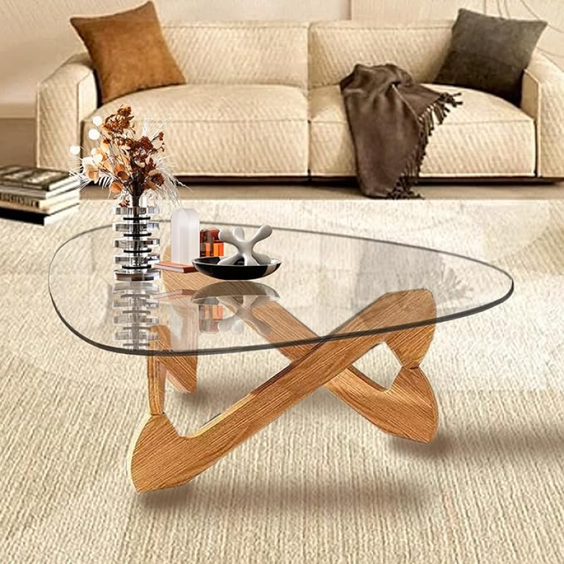 GESEILAY Coffee Table Glass Wood Triangular Living Room Table Modern Coffee Table Living Room for Couch Unusual Coffee Table for Living Room