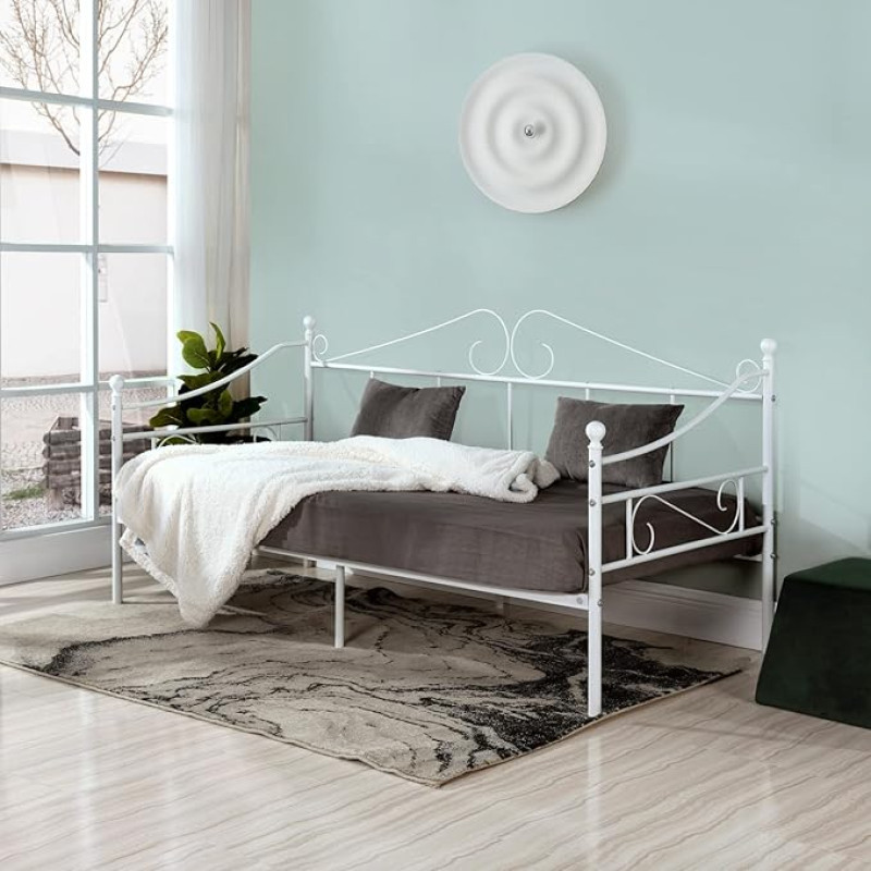 buybyroom Metal Day Bed Frame 90 x 190 cm Single Bed with Headboard and Slatted Frame Single Bed Sofa Bed Day Bed for Bedroom Living Room Guest Room White