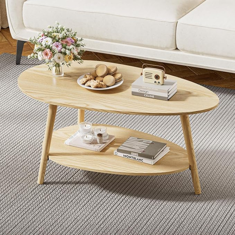 FiveWillowise Round Coffee Table, Living Room Table, Wood, Sofa Table, Coffee Table, Table for Living Room, Side Table with Shelves, Natural