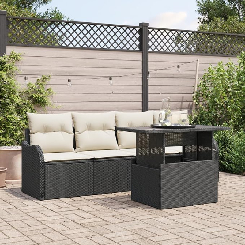 Rantry 5-teiliges Garten Sofaset mit Kissen Schwarz Poly Rattan, 2-Sitzer Garten Sofa mit Stauraum & Kissen Schwarz Poly Rattan Gartenlounge Model3357100