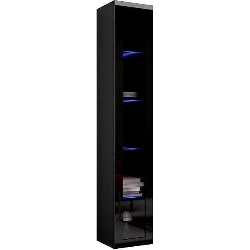 Furniture24 Vigo Hanging Display Cabinet Wall Cabinet Wall Cabinet with 1 Door Cabinet Living Room Cabinet Handle-less Push to Open (Black/Black High Gloss, Without Lighting)