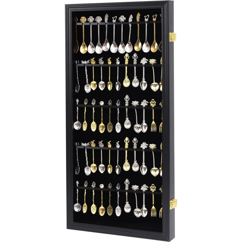 COMSREV 60 Souvenir Teaspoon Display Cabinets Collectors Rack Wall Mount Wooden 98% UV Acrylic Lockable Black