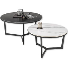 Stella Trading Set of 2 Side Tables in Marble Look Round Black / White - Modern Coffee Table Set with Black Metal Frame - 90 x 45 x 90 cm (W x H x D)