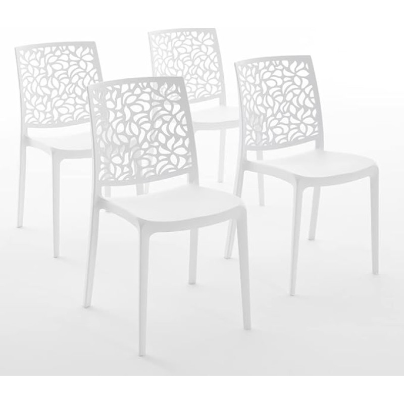 RATTATAN Anna - Glass Fibre Reinforced Resin Stackable Chairs for Indoor and Outdoor Use with a Leaf Inspired Back Design (4, White)