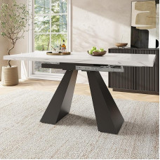 Merax Extendable Dining Table, Extendable Marble Look Dining Table, Kitchen Table, Extra Strong Carbon Steel Legs, for Kitchen, Living Room, Office, 99-159 x 74 cm, 4-6 Person, Marble Look + Black
