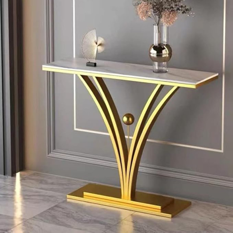 ZDFTGKM Zeitgenössische Stein Konsole Sofatisch Rechteckiges Metallende für Flur Veranda Wandschrank Kunst Stil Dekoration Lagerung goldene Basis weißes Blatt 55
