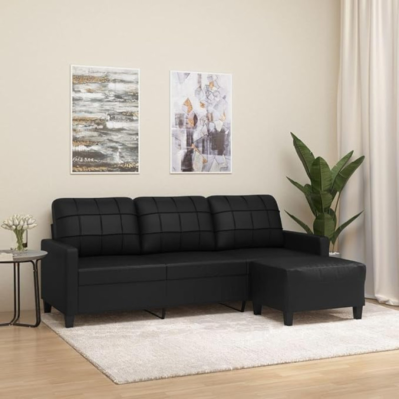 ZEYUAN 3-Seater Sofa with Stool, Black, 180 cm, Faux Leather, Sofa Living Room, Youth Sofa, Relaxing Sofa, Sofas & Couches, Sofa for Bedroom, Youth, Children's Room
