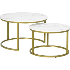 HOMCOM Set of 2 Coffee Tables, Round Side Table, Coffee Table with Steel Frame in Gold, Stackable Sofa Table with Marble Look, for Living Room, Maximum Load 30 kg, White