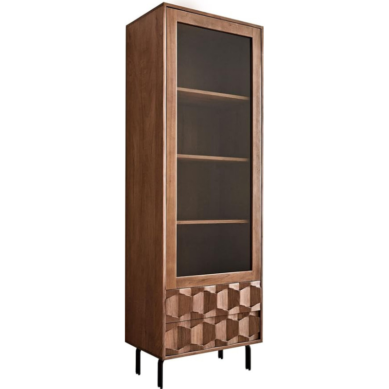 DELIFE Fevo Glass Cabinet Acacia Brown 60 x 180 cm L Base Display Cabinet