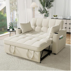 Gegtuon Sofa Bed with Sleep Function, Sofas & Couches, 2-Seater Couch Sofa Bed with Cushion, Back Cushion and Drink Holder, Guest Bed, Sofa Bed for Living Room, Bedroom, Velvet (Beige)