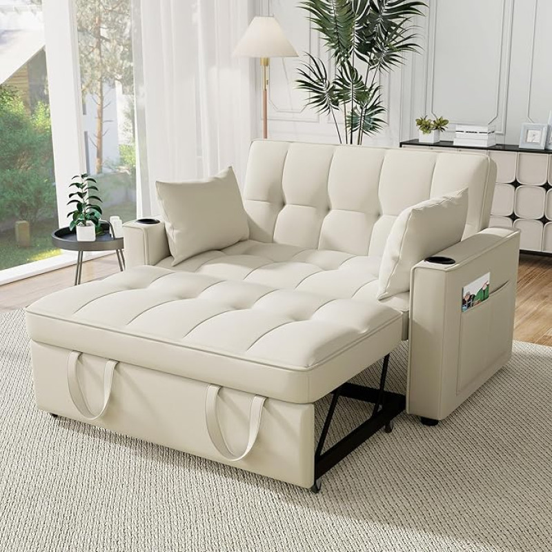 Gegtuon Sofa Bed with Sleep Function, Sofas & Couches, 2-Seater Couch Sofa Bed with Cushion, Back Cushion and Drink Holder, Guest Bed, Sofa Bed for Living Room, Bedroom, Velvet (Beige)